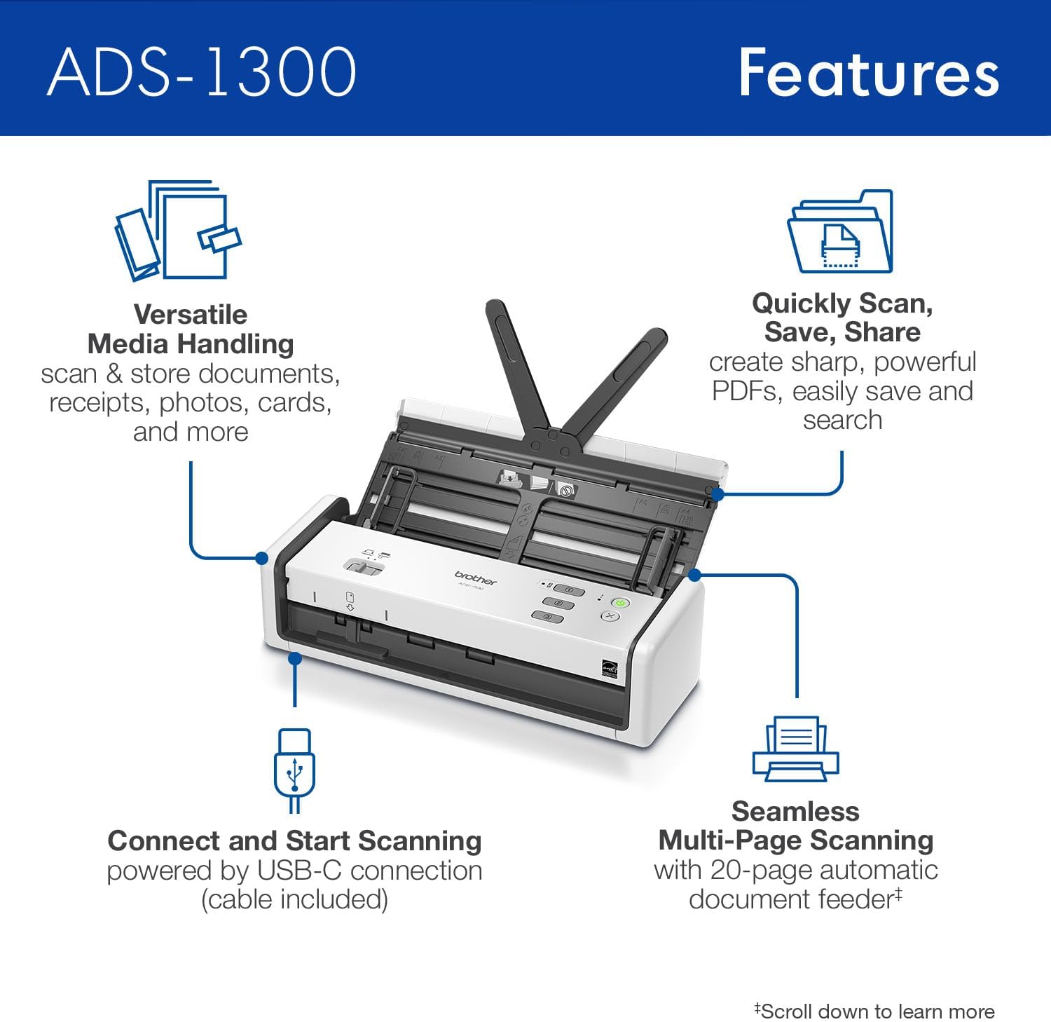 Brother ADS-1300 Compact Desktop Scanner | Scan Speeds of Up to 30ppm | Single Pass Double-Sided Scanning - Image 3