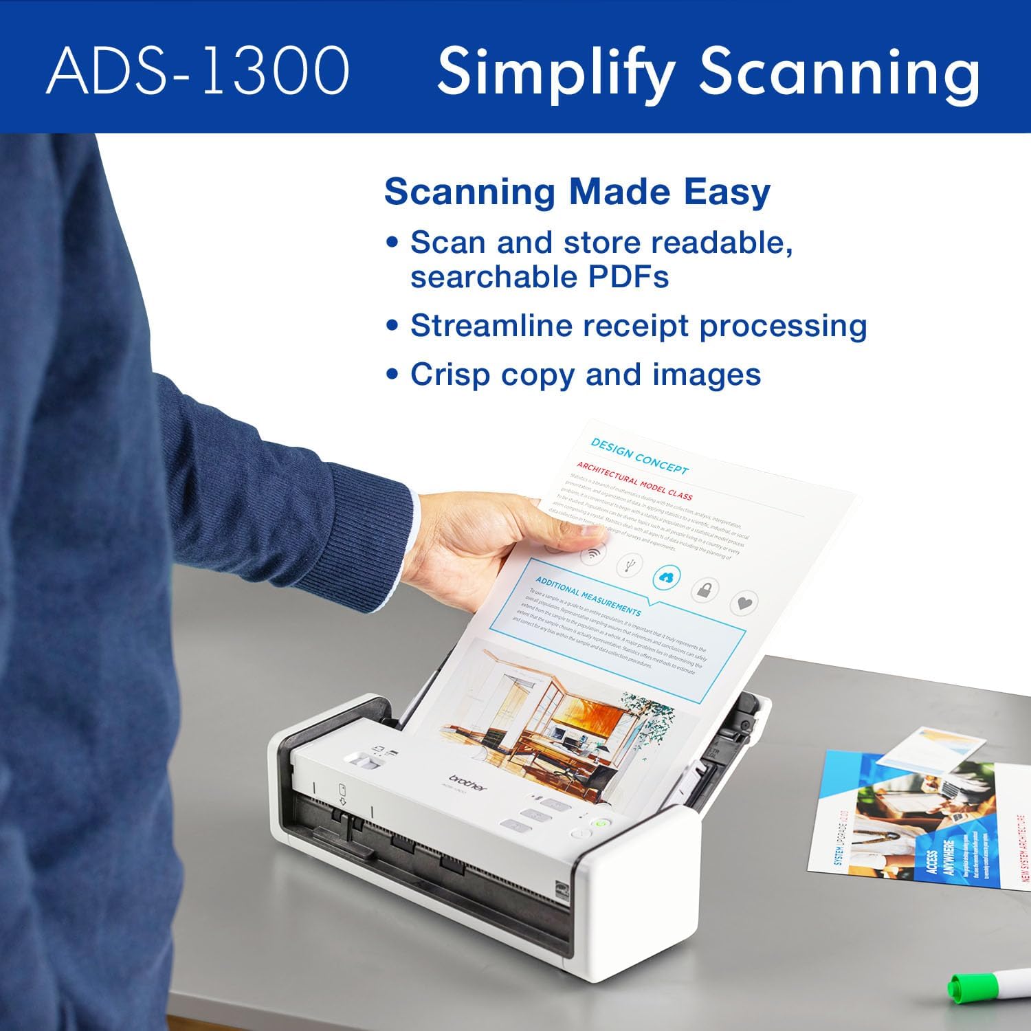 Brother ADS-1300 Compact Desktop Scanner | Scan Speeds of Up to 30ppm | Single Pass Double-Sided Scanning - Image 4