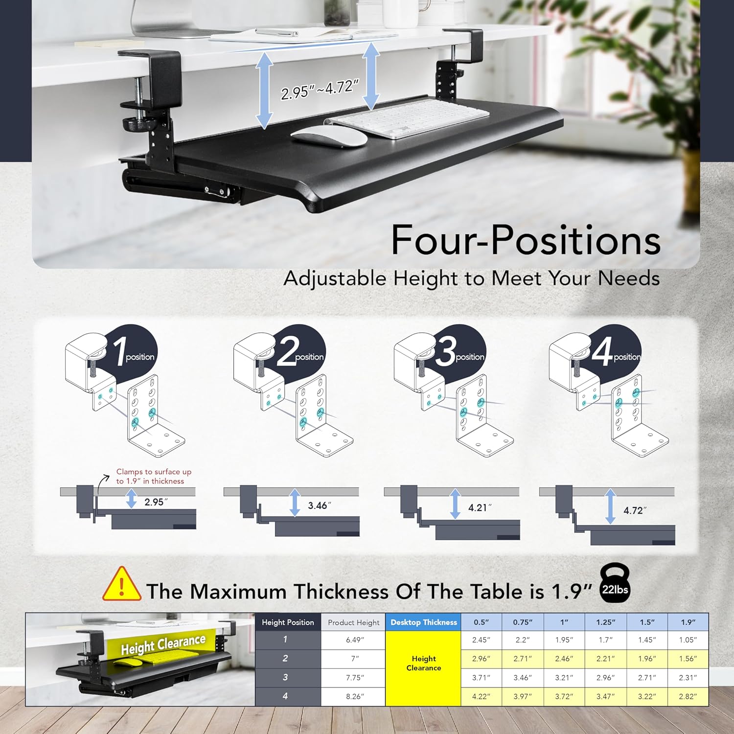 Keyboard Tray with Drawer - Clamp On Under Desk Pull Out Extender Table Attachment Platform with Storage Organizer, Large 27.5" (31.8" Including Clamps) x 12.2", Height Adjustable for Home Office - Image 3
