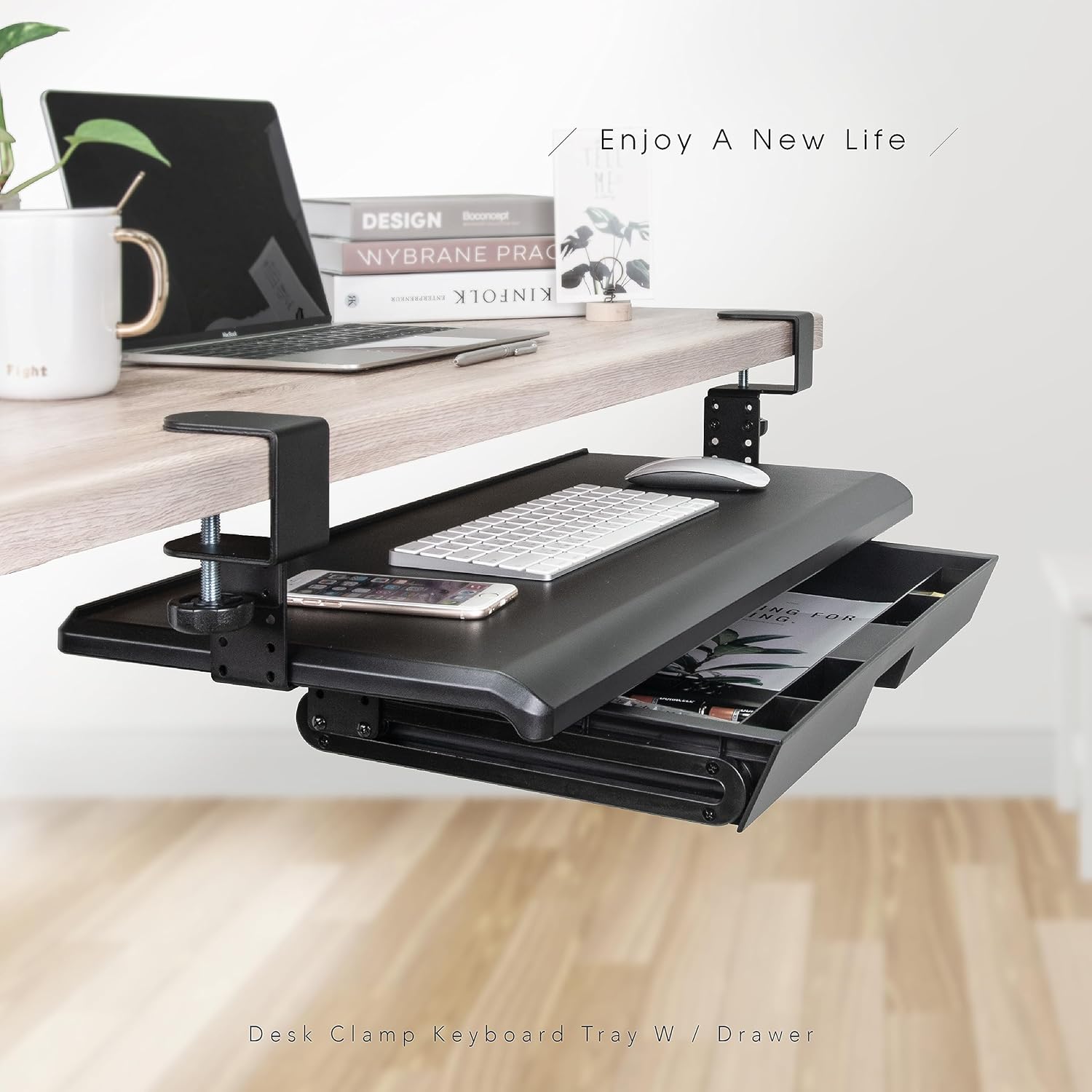 Keyboard Tray with Drawer - Clamp On Under Desk Pull Out Extender Table Attachment Platform with Storage Organizer, Large 27.5" (31.8" Including Clamps) x 12.2", Height Adjustable for Home Office - Image 5