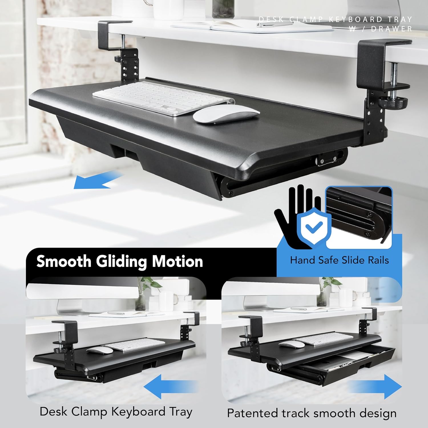 Keyboard Tray with Drawer - Clamp On Under Desk Pull Out Extender Table Attachment Platform with Storage Organizer, Large 27.5" (31.8" Including Clamps) x 12.2", Height Adjustable for Home Office - Image 8