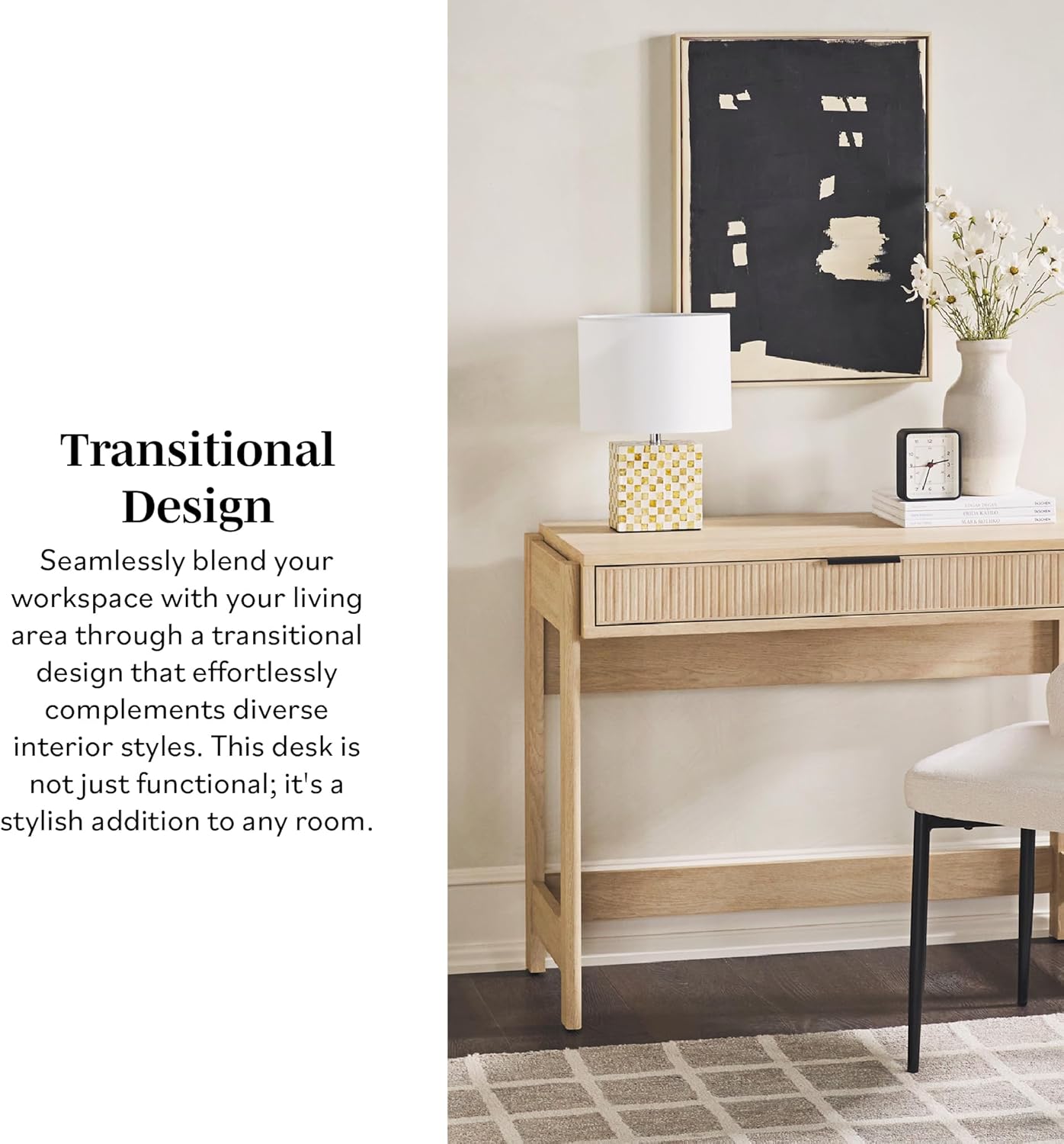 Walker Edison Transitional Office Design, Reeded Drawer Front Detail, Writing Desk with Drawer, Spacious Desktop, Complementary in Living Spaces, 38”W x 16.75”D x 30”H, Coastal Oak - Image 5