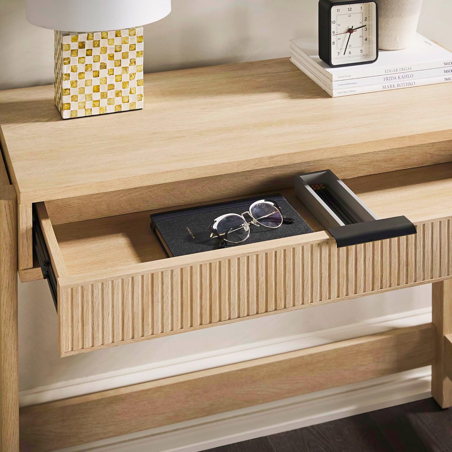 Walker Edison Transitional Office Design, Reeded Drawer Front Detail, Writing Desk with Drawer, Spacious Desktop, Complementary in Living Spaces, 38”W x 16.75”D x 30”H, Coastal Oak - Image 7