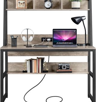 Yaheetech Home Office 47 Inch Writing Desk with Power Outlets and 2 USB Charging Ports for Studying, Gaming Table Computer Desk with Hutch and Bookshelf, Metal Frame Workstation for Office, Gray