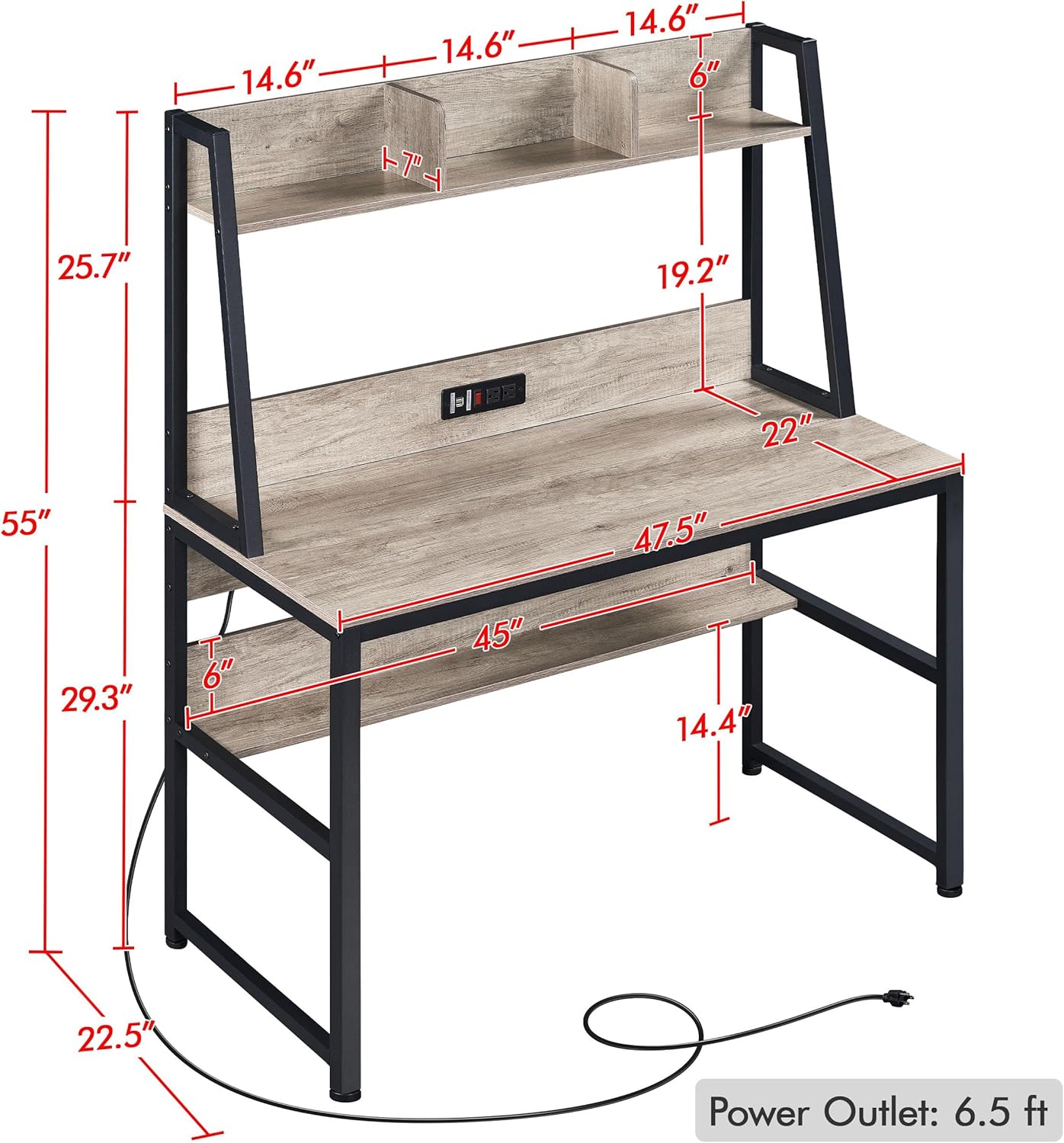 Yaheetech Home Office 47 Inch Writing Desk with Power Outlets and 2 USB Charging Ports for Studying, Gaming Table Computer Desk with Hutch and Bookshelf, Metal Frame Workstation for Office, Gray - Image 3