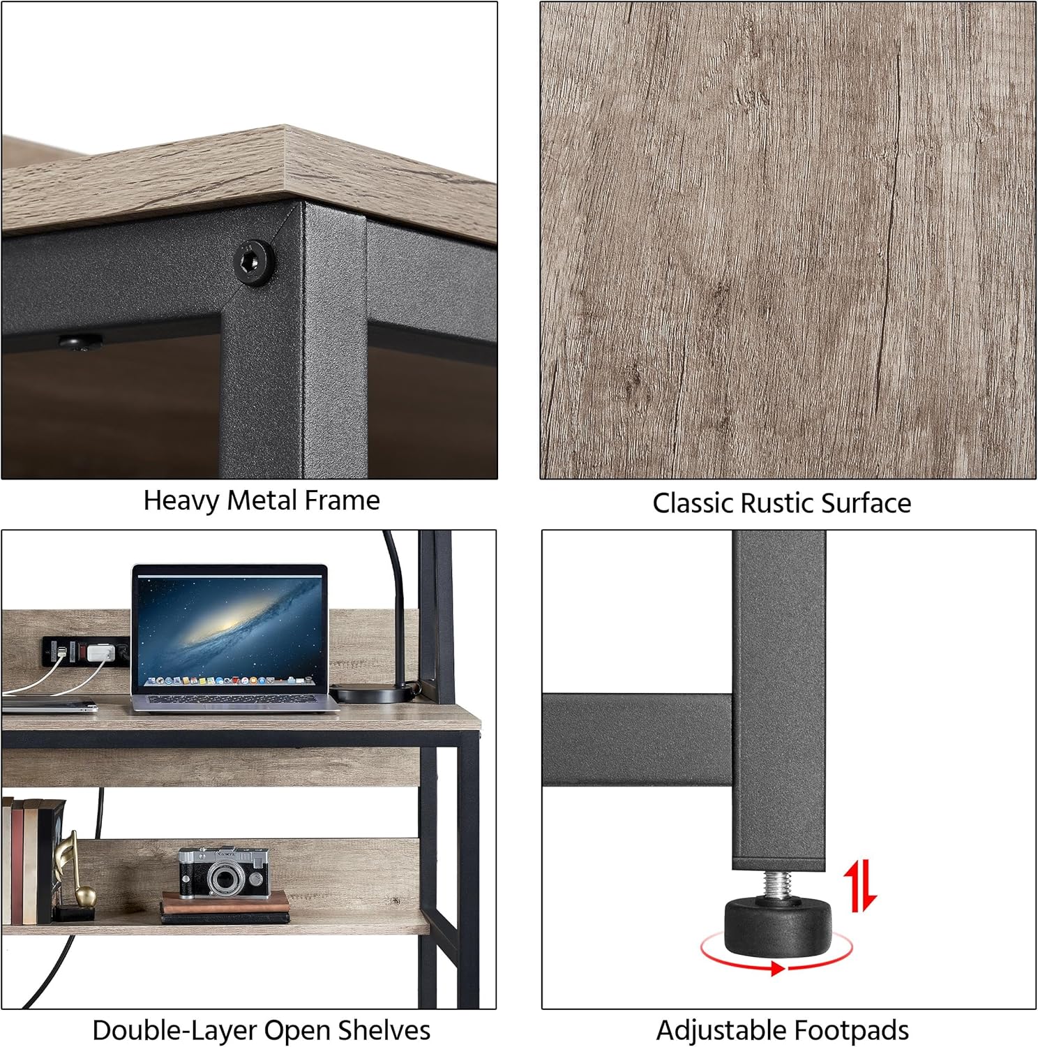Yaheetech Home Office 47 Inch Writing Desk with Power Outlets and 2 USB Charging Ports for Studying, Gaming Table Computer Desk with Hutch and Bookshelf, Metal Frame Workstation for Office, Gray - Image 6