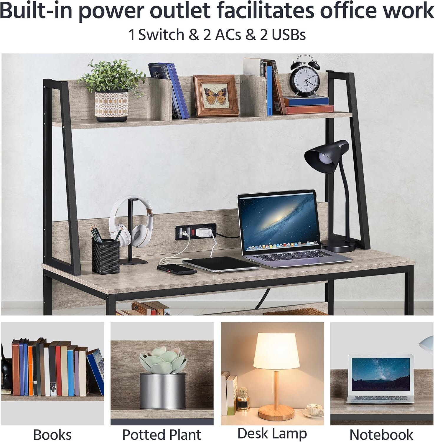 Yaheetech Home Office 47 Inch Writing Desk with Power Outlets and 2 USB Charging Ports for Studying, Gaming Table Computer Desk with Hutch and Bookshelf, Metal Frame Workstation for Office, Gray - Image 7