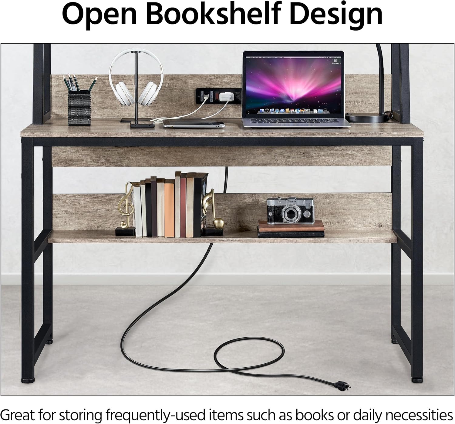 Yaheetech Home Office 47 Inch Writing Desk with Power Outlets and 2 USB Charging Ports for Studying, Gaming Table Computer Desk with Hutch and Bookshelf, Metal Frame Workstation for Office, Gray - Image 8