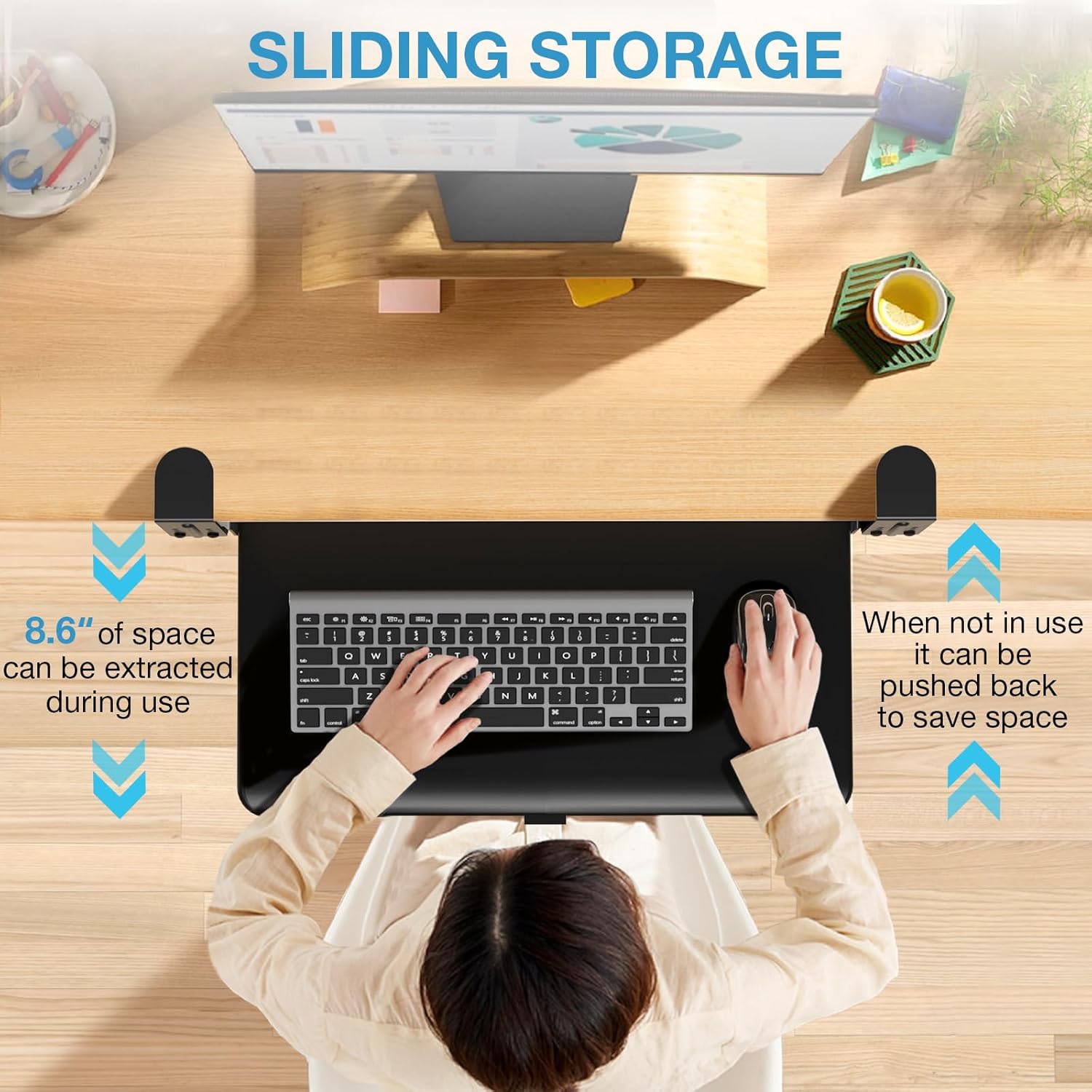 Adjustable Keyboard Tray Under Desk, Small Pull-Out Computer Keyboard Drawer with C-Clamp, 20” (24.2” Including Clamps) x 13” Slide-Out Platform Computer Drawer for Typing, Black - Image 3