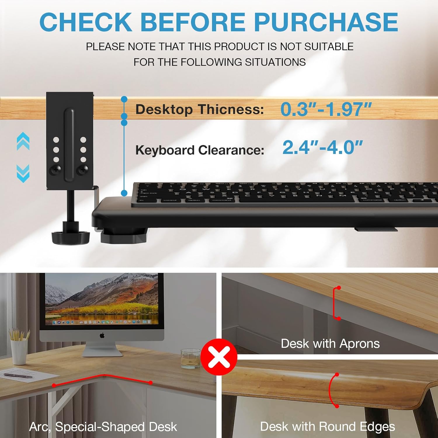 Adjustable Keyboard Tray Under Desk, Small Pull-Out Computer Keyboard Drawer with C-Clamp, 20” (24.2” Including Clamps) x 13” Slide-Out Platform Computer Drawer for Typing, Black - Image 5