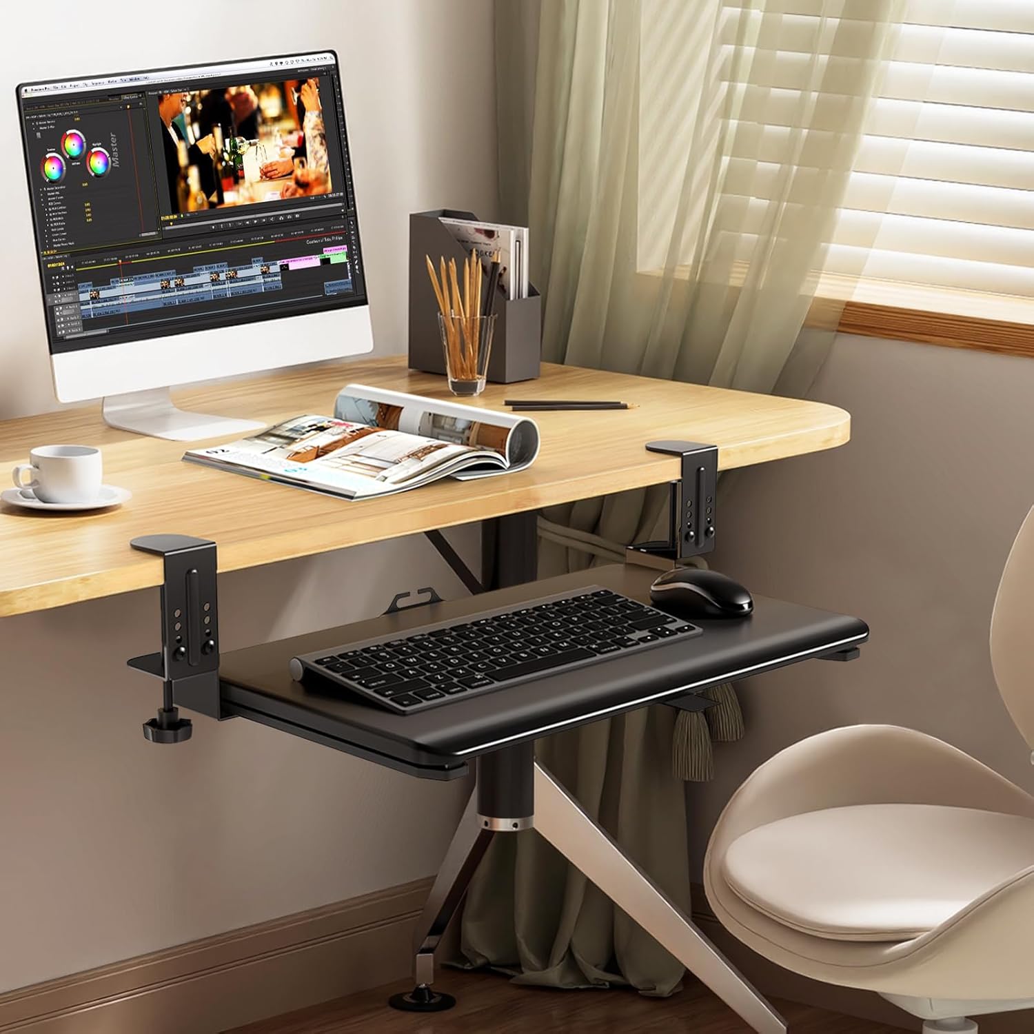 Adjustable Keyboard Tray Under Desk, Small Pull-Out Computer Keyboard Drawer with C-Clamp, 20” (24.2” Including Clamps) x 13” Slide-Out Platform Computer Drawer for Typing, Black - Image 7